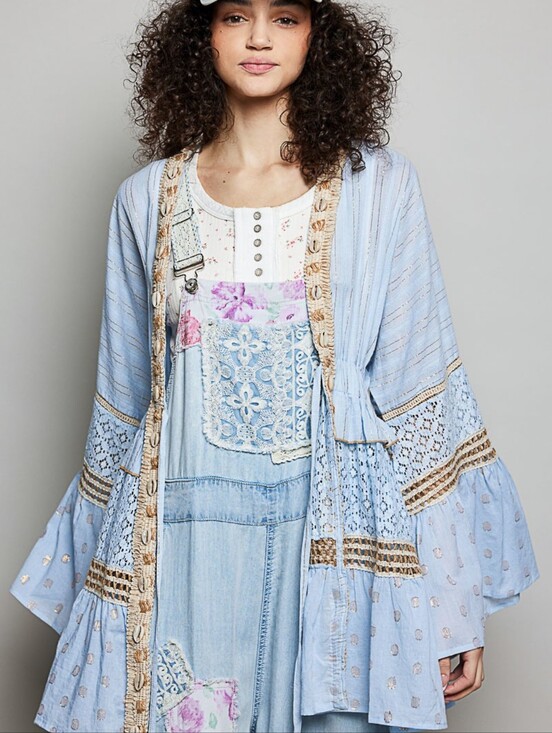 POL Jackets & Blazers - POL Powder Blue Gold Metallic Lace Seashell Boho Kimono Cardigan Style  SMQG2